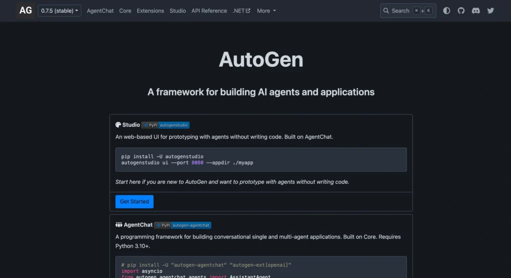 Microsoft AutoGen homepage highlighting a multi-agent AI framework as an alternative to AutoGPT.