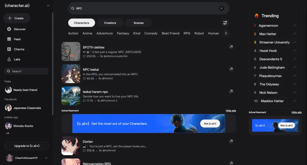 Character.AI platform showing npc girlfriend AI.
