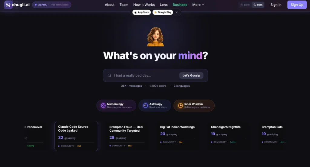 Homepage of Chugli.ai featuring a Hinglish AI companion with persistent memory, emotion awareness, and astrology features.