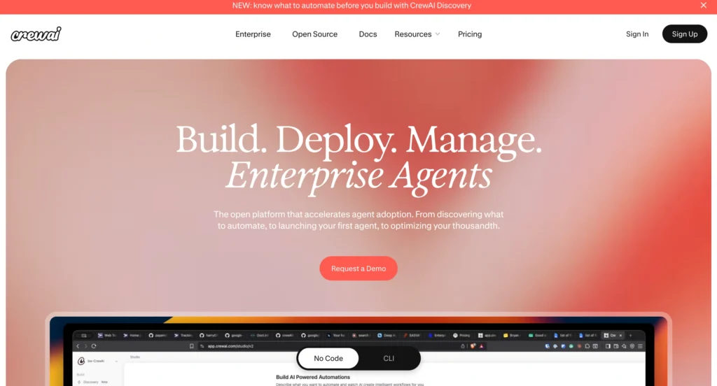 CrewAI homepage featuring an open-source AI agent framework as an alternative to AutoGPT.