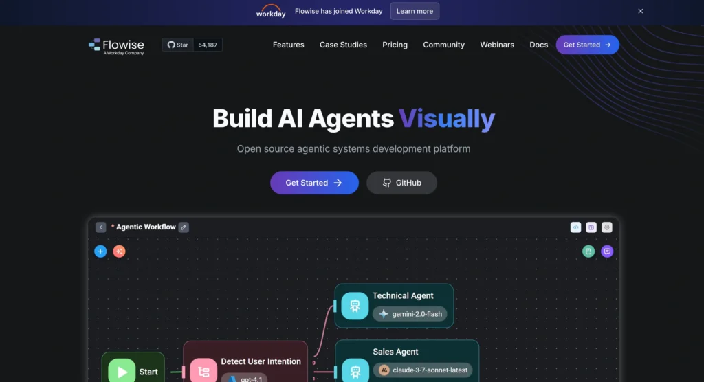 Flowise AI homepage displaying its visual AI workflow builder as an alternative to AutoGPT.