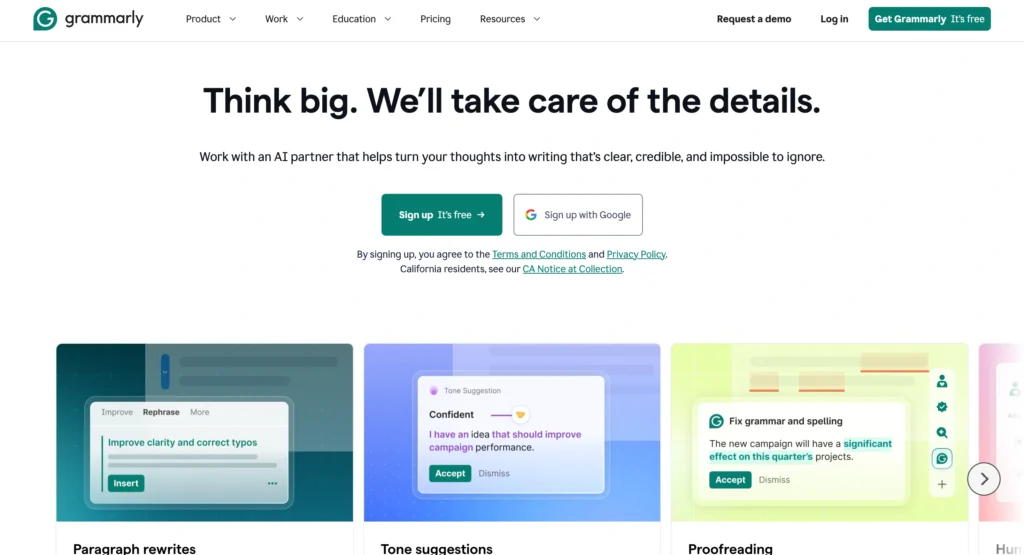 Grammarly homepage showing its AI grammar checker and writing assistant dashboard.