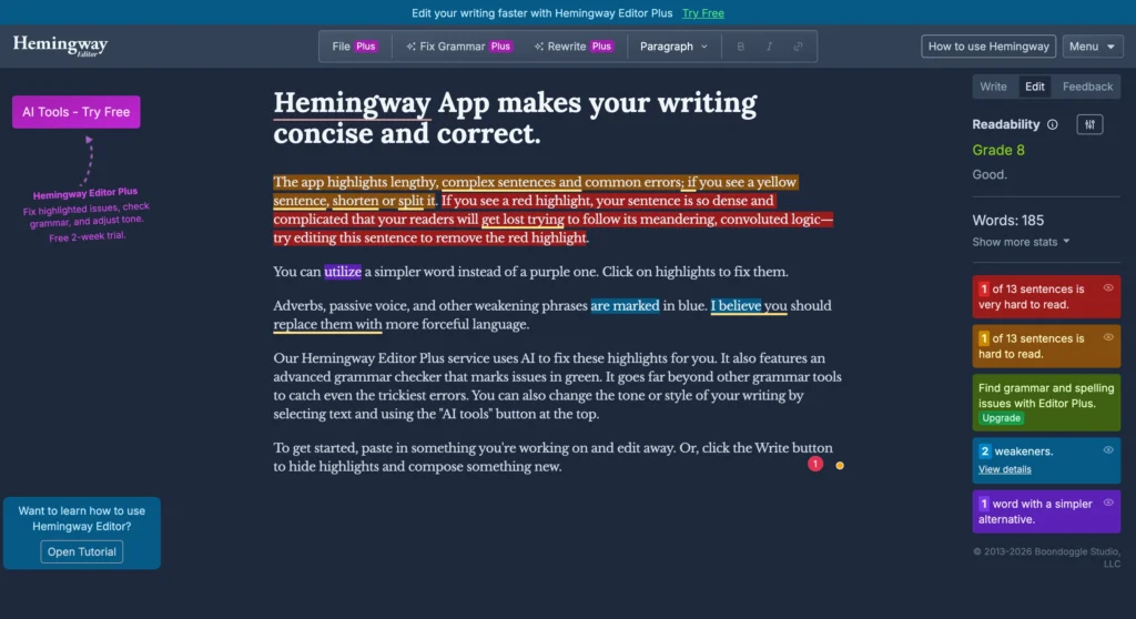 Hemingway Editor homepage displaying readability analysis and writing improvement tools.