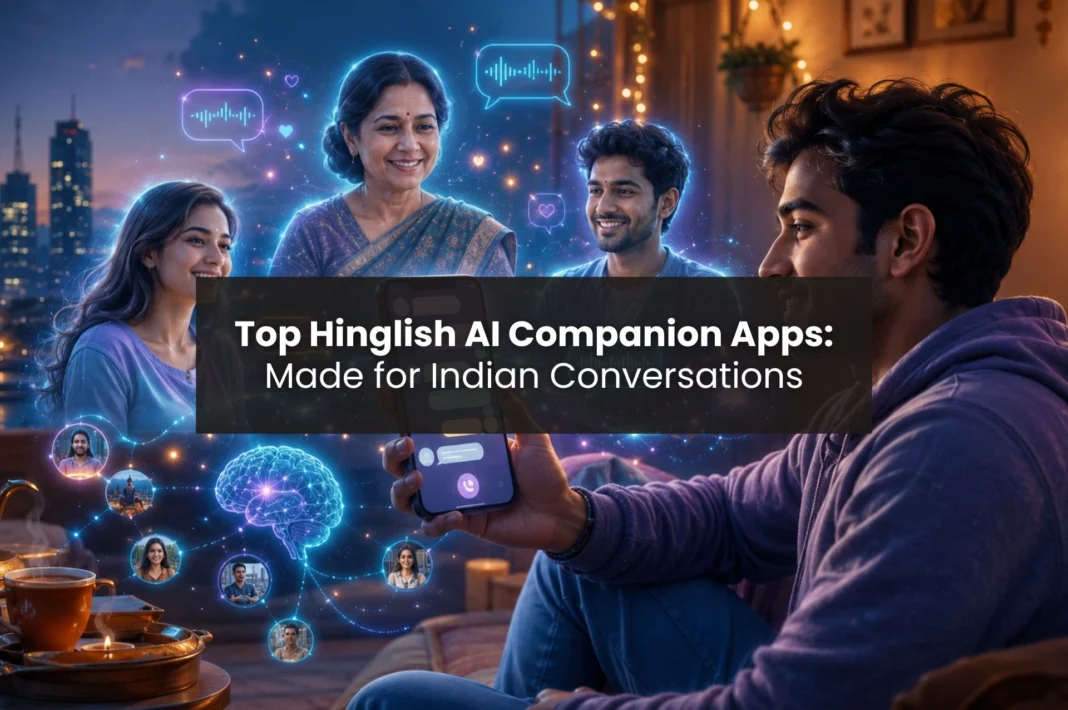 3D illustration of the best Hinglish AI companion apps for Indians featuring AI chat, voice companions, family AI, and natural Hindi-English conversations.