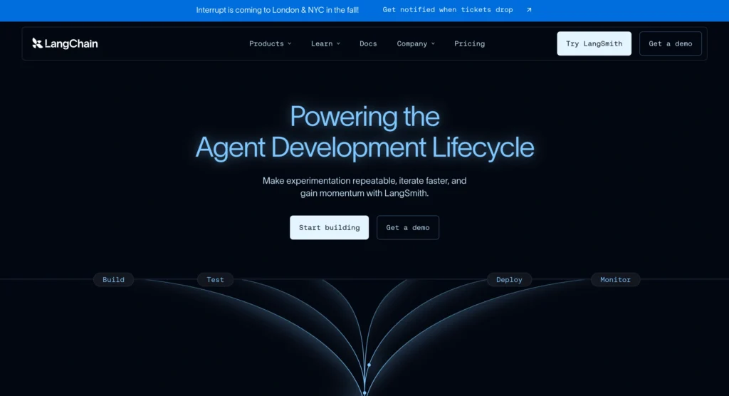 choose LangChain for building custom AI applications.
LangChain homepage featuring its AI application framework as an alternative to AutoGPT.