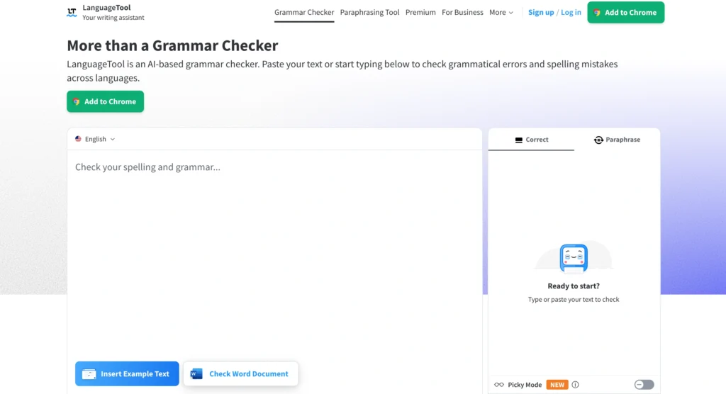LanguageTool homepage featuring AI grammar checker with multilingual writing support.