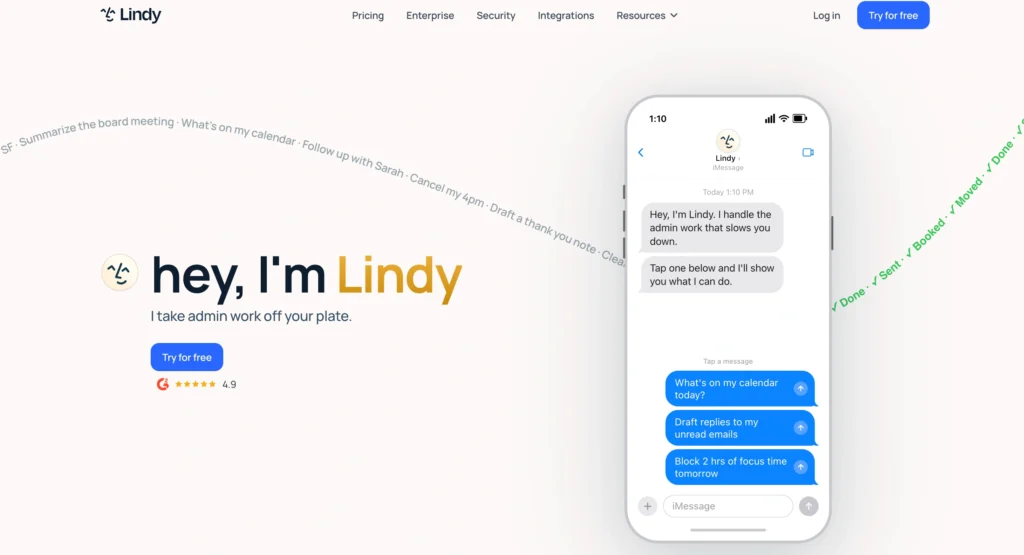 Lindy AI homepage displaying an AI assistant for productivity and workflow automation.