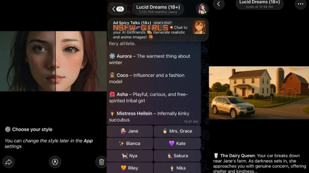 Screenshot of Lucid Dreams AI companion interface displaying realistic chats, memory, and customization features.