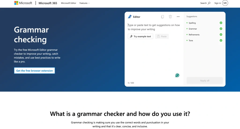 Microsoft Editor homepage highlighting grammar, spelling, and style checking features.