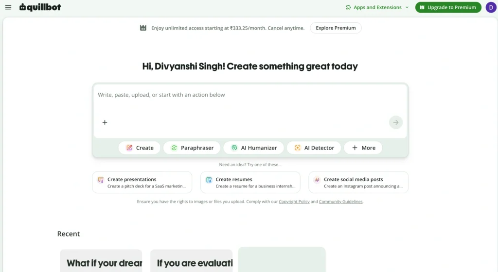QuillBot homepage showcasing AI grammar checker and paraphrasing tools.