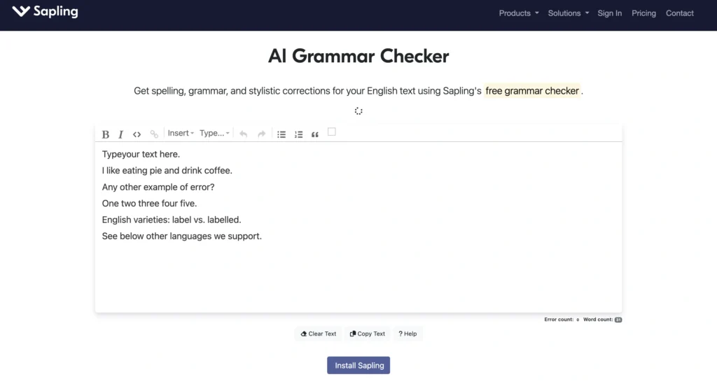 Sapling AI homepage displaying AI grammar checker and customer communication tools.