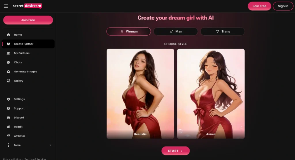 Secret Desires AI roleplay app featuring customizable virtual characters and interactive conversations.