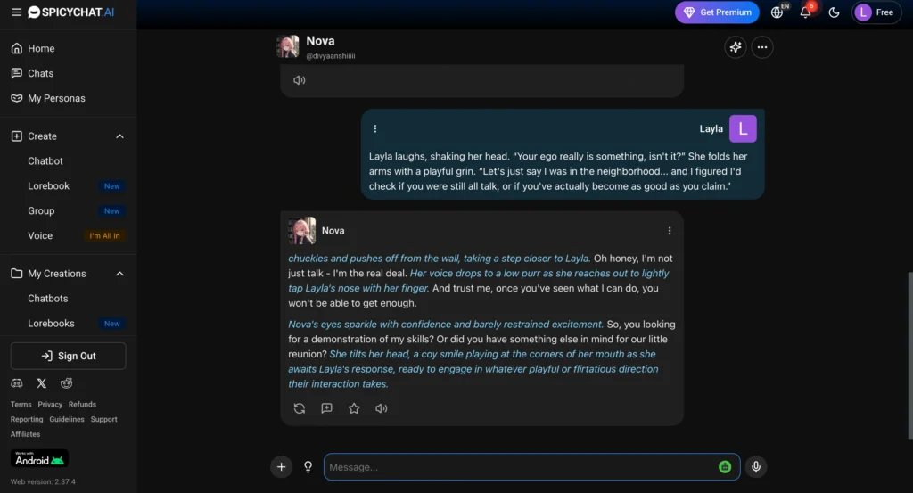 Chat interface of SpicyChat AI showing a roleplay conversation between a user and an AI companion named Nova.