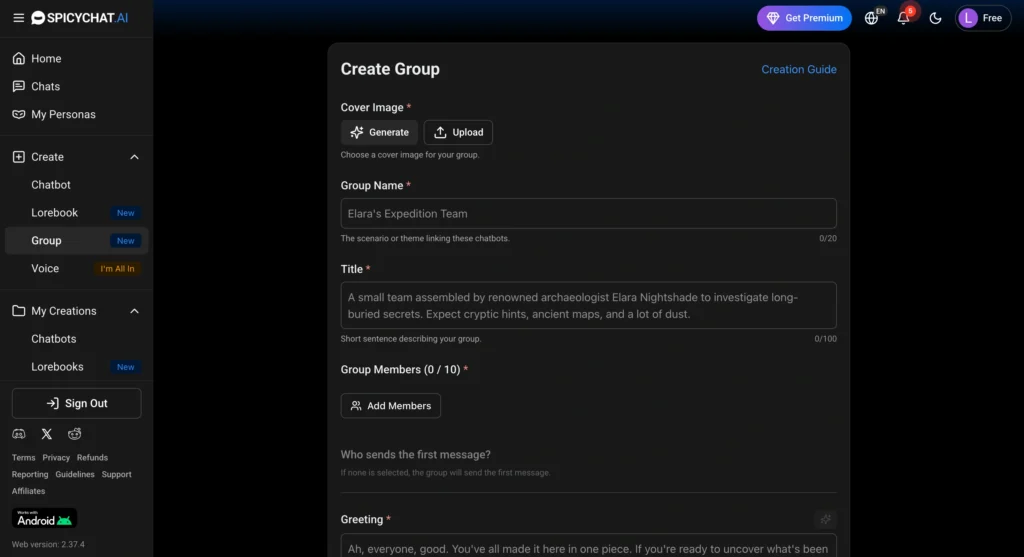 SpicyChat AI interface showing the Create Group option for starting group chats with multiple AI companions and shared roleplay experiences.