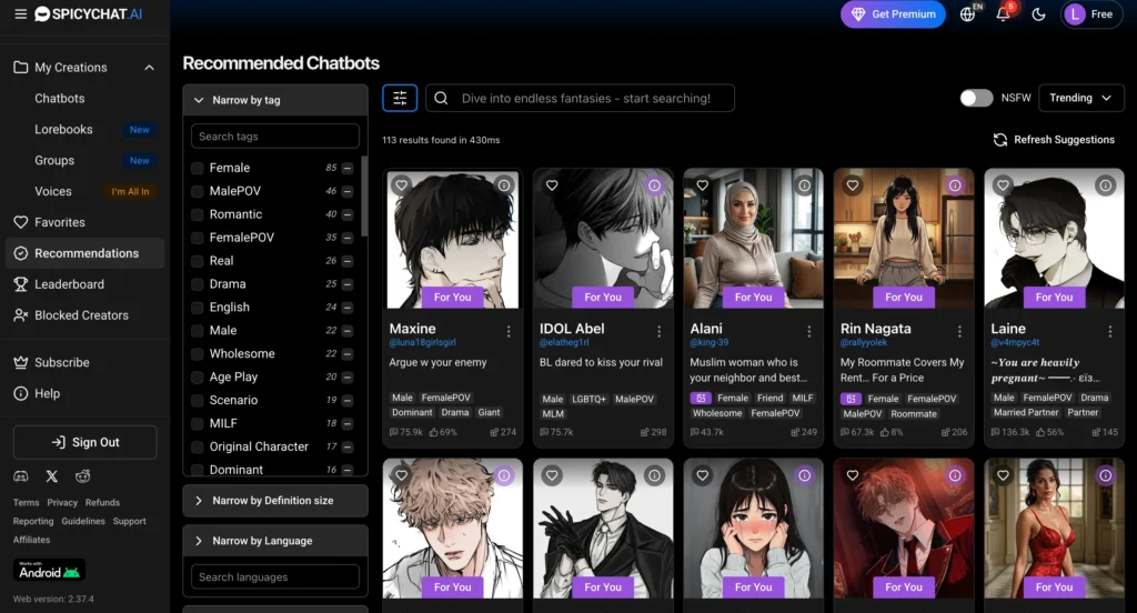 Recommended chatbot section in SpicyChat AI featuring romance, anime, roleplay, and companion AI characters with search filters.