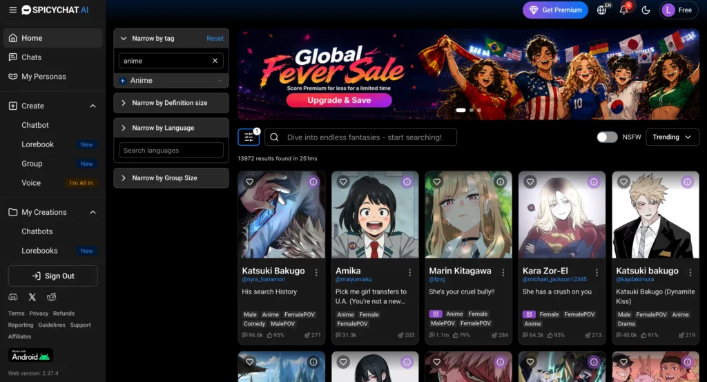SpicyChat AI interface displaying anime AI characters with genre filters for fantasy, romance, RPG, school life, and roleplay conversations.