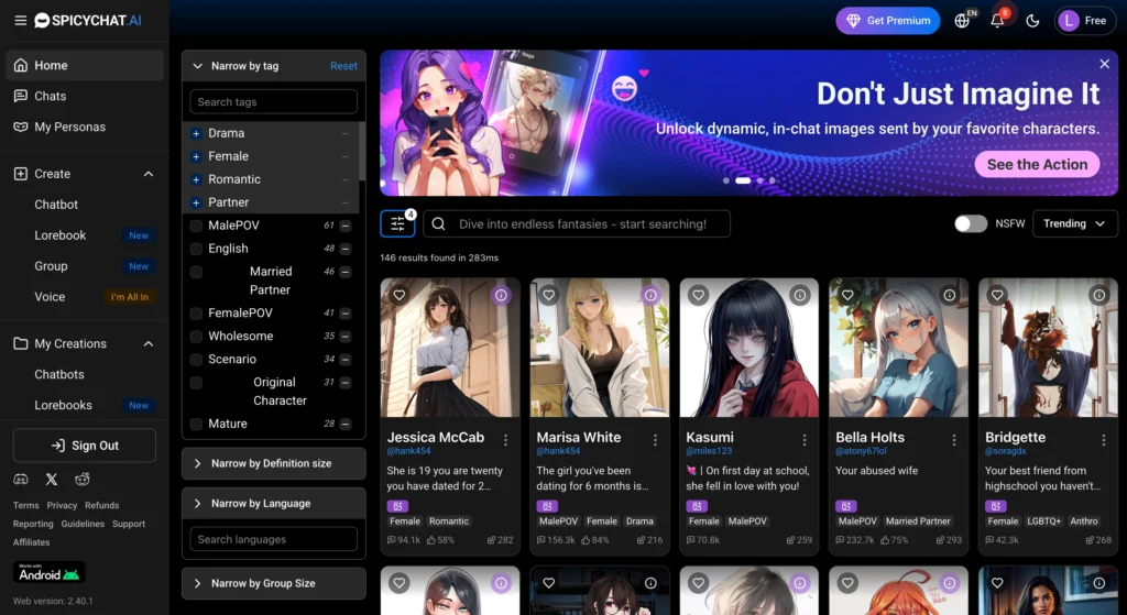 SpicyChat AI app featuring a large library of community-created NPC girlfriend AIs for roleplay.