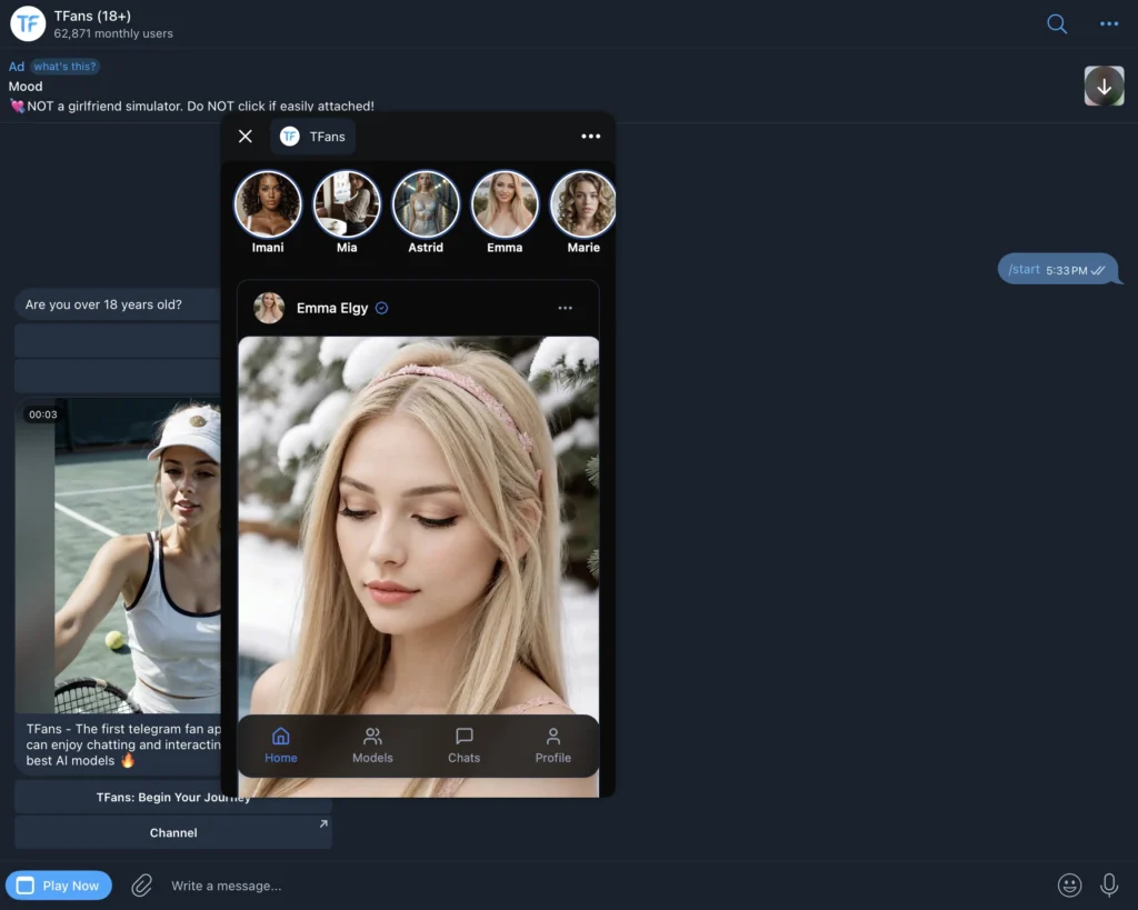 Screenshot of TFans AI chatbot showing multiple AI characters, chat interface, and roleplay features.