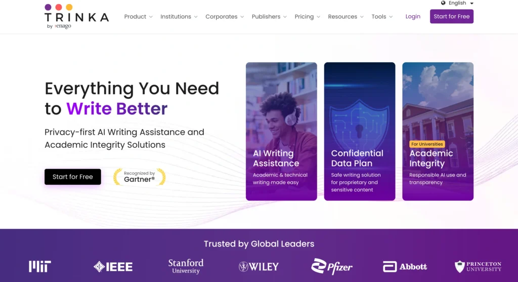 Trinka AI homepage showing AI grammar checker for academic and professional writing.