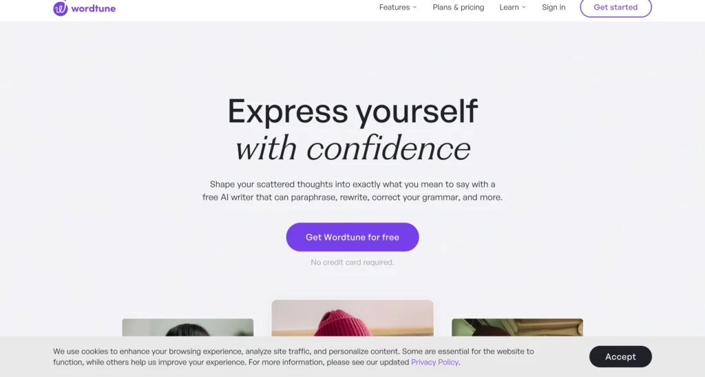 Wordtune homepage highlighting AI rewriting and grammar assistance features.