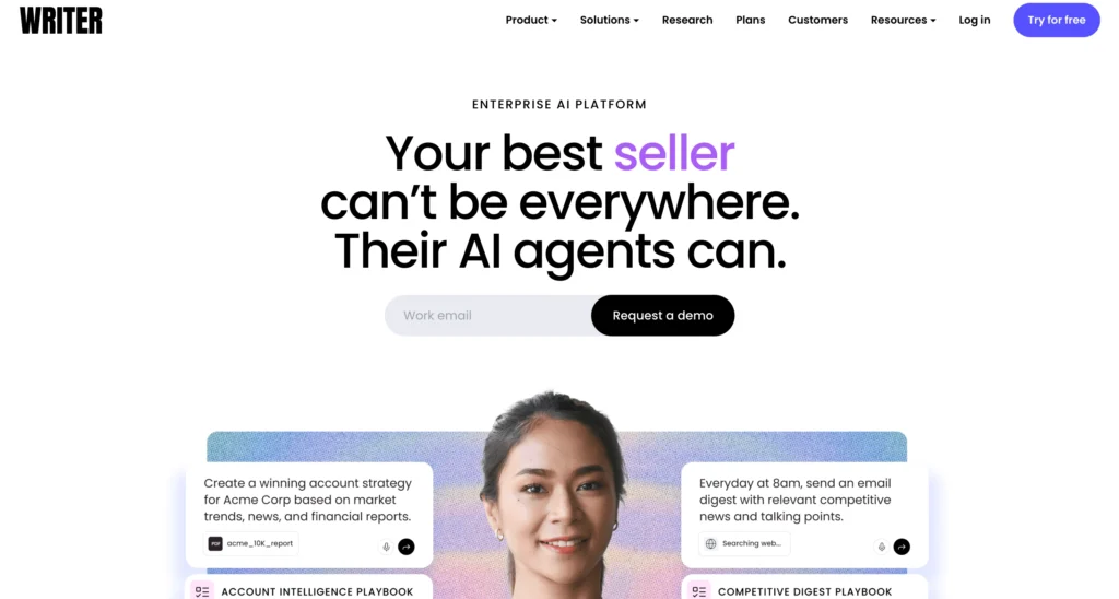 Writer homepage featuring AI writing assistant and enterprise content platform.