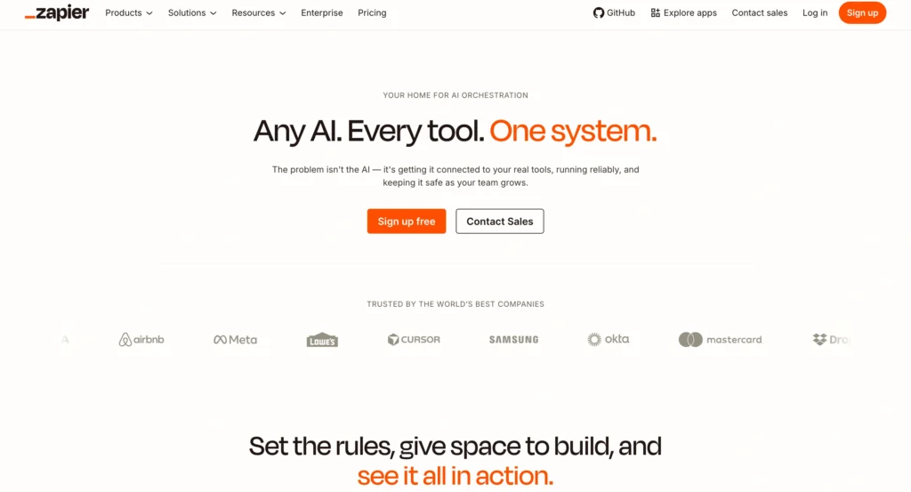 Zapier AI homepage showcasing AI-powered workflow automation as an alternative to AutoGPT.
