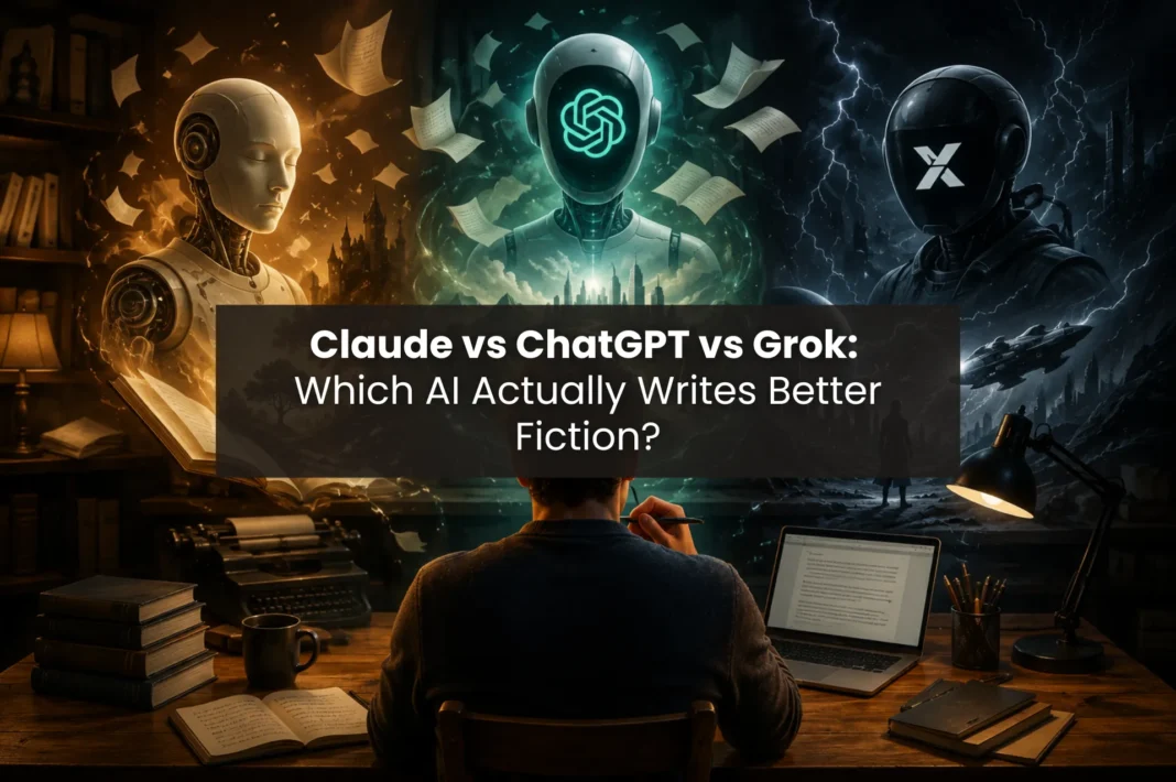 Claude, ChatGPT, and Grok robot characters representing AI novel writing, with a writer at a desk asking which AI writes better fiction