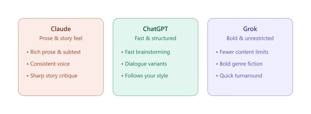 Comparison graphic showing Claude, ChatGPT, and Grok side by side, listing what each AI is best for in novel writing