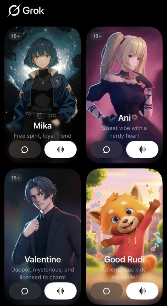 Grok app companions selection screen showing Mika, Ani, Valentine, and Good Rudi with text and voice chat options