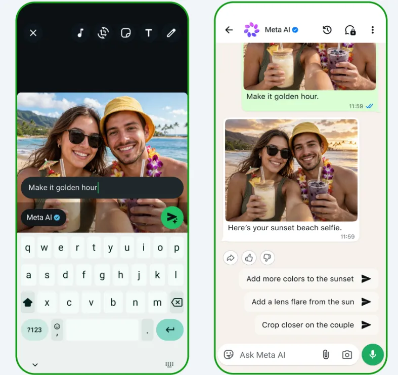 Meta AI chat showing a beach selfie edited with the prompt "Make it golden hour" and follow-up editing suggestions