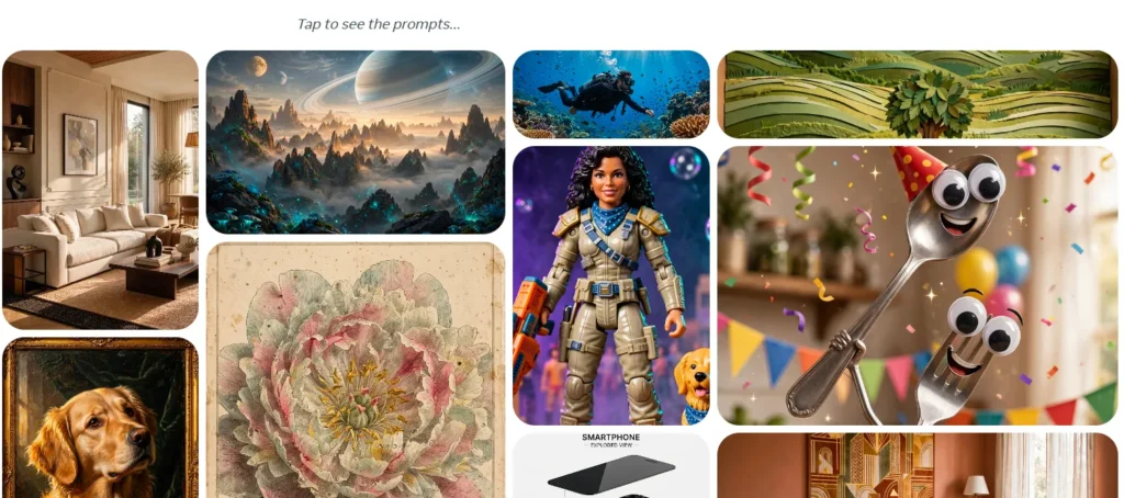 Grid of Muse Image example outputs including a fantasy landscape, an underwater diver, a vintage flower illustration, and a smartphone exploded view diagram