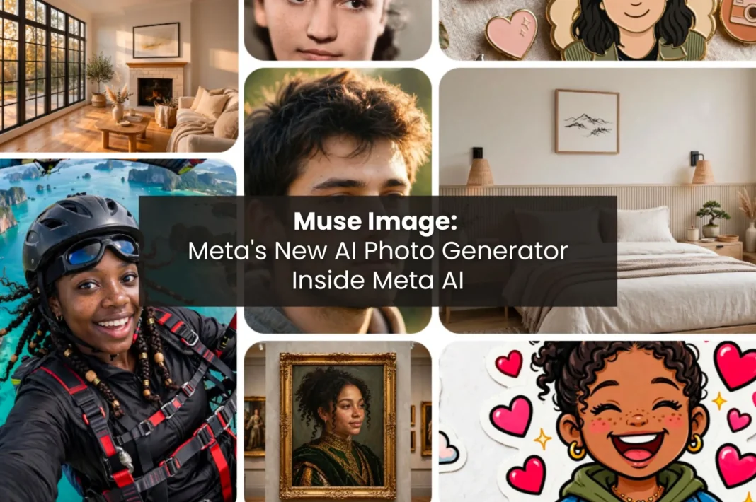 Meta Muse Image featured graphic showing AI-generated photos including a living room, portraits, a skydiver, and a classical painting style portrait