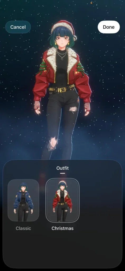 Mika Grok AI companion outfit selection screen showing Classic blue bomber and Christmas outfit variants