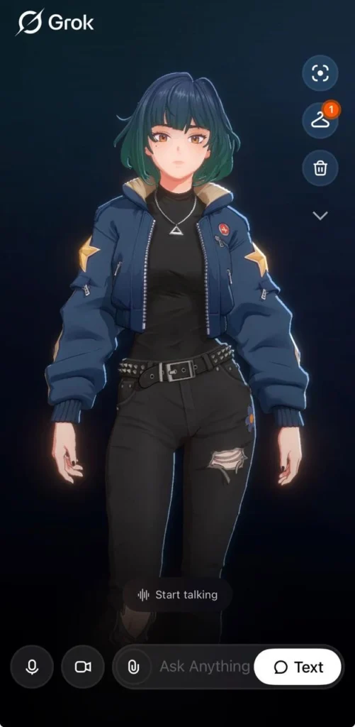 Mika Grok AI companion 3D animated avatar in blue bomber jacket during a voice session in the Grok iOS app