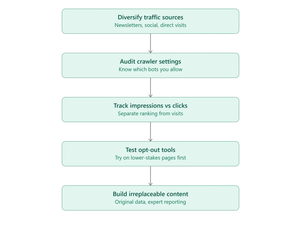 Flowchart showing five recommended actions for zero-click search: diversify traffic sources, audit crawler settings, track impressions versus clicks, test opt-out tools, and build irreplaceable content.