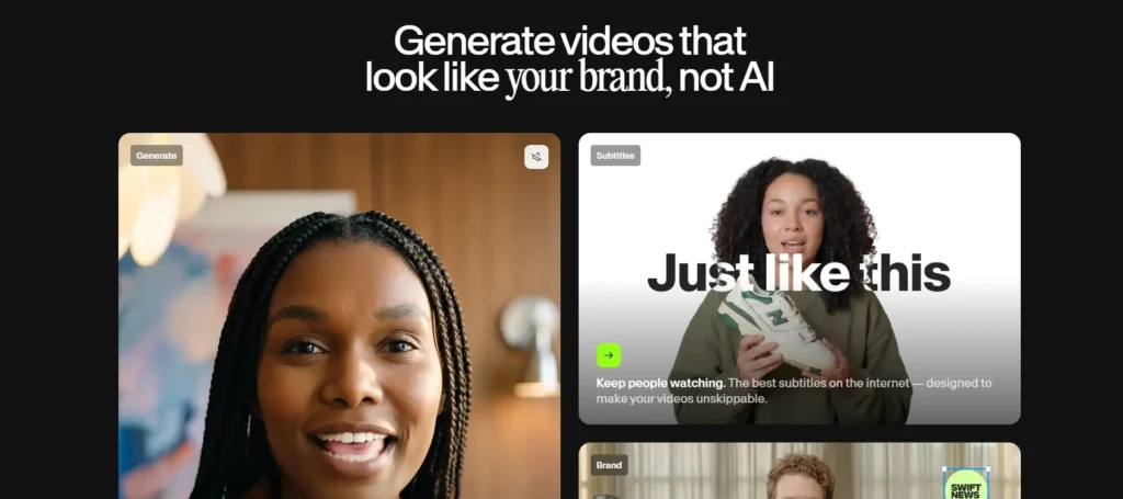 Veed.io interface showing AI video generation and subtitle features with the tagline "Generate videos that look like your brand, not AI"