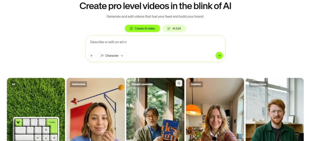 Veed.io homepage showing the AI video creation interface with template categories including Ad, Testimonials, Thought Leadership, Explainer, and Product Demo
