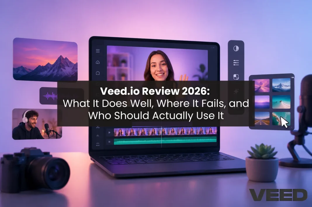 Veed.io Review 2026 featured image showing a laptop with the Veed.io video editor interface, a content creator on screen, surrounded by media assets including stock footage, audio waveforms, and a podcast setup