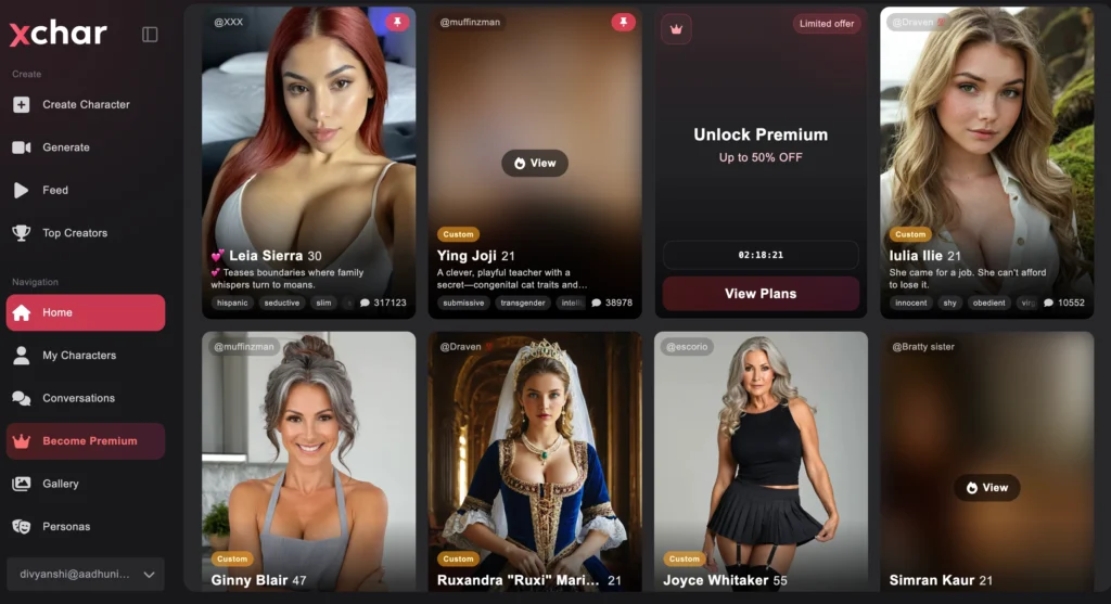 xchar.ai showing custom AI characters.