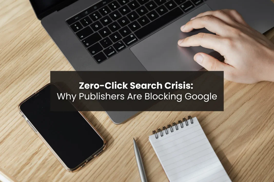 Zero-click search crisis illustration showing a person typing on a laptop next to a phone and notepad, with text reading 