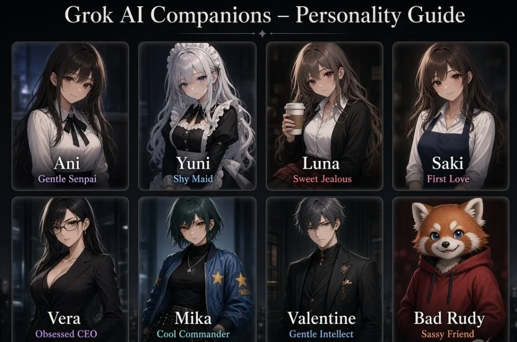 Grid of eight anime-style Grok AI companions with names and personality labels including Ani Gentle Senpai, Yuni Shy Maid, Luna Sweet Jealous, Saki First Love, Vera Obsessed CEO, Mika Cool Commander, Valentine Gentle Intellect and Bad Rudy Sassy Friend.