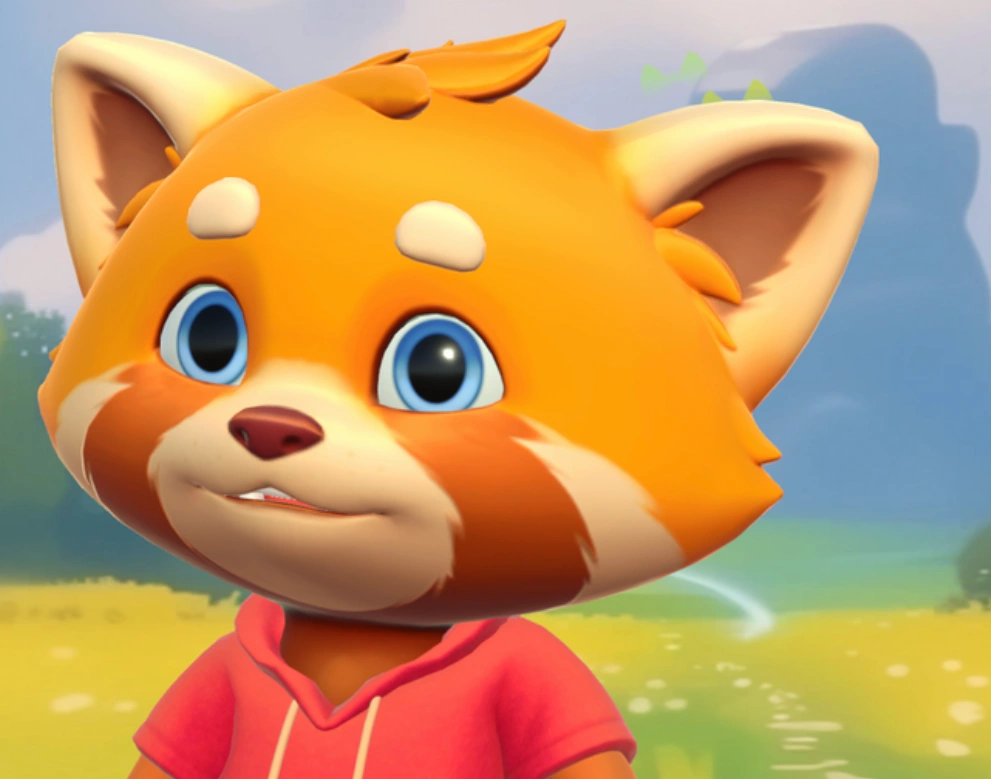 3D cartoon red panda with blue eyes, white face markings and red hoodie standing in a sunny grassy field.