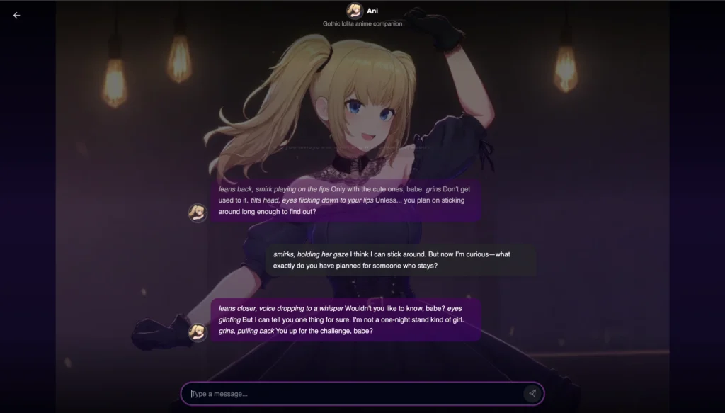 Anime girl with blonde twin tails in dark gothic dress chatting flirtatiously in a dimly lit room with hanging lights.