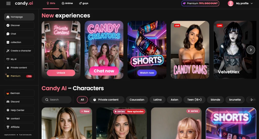 Candy AI AI companion interface showing a personalized virtual character experience with chat and customization features.