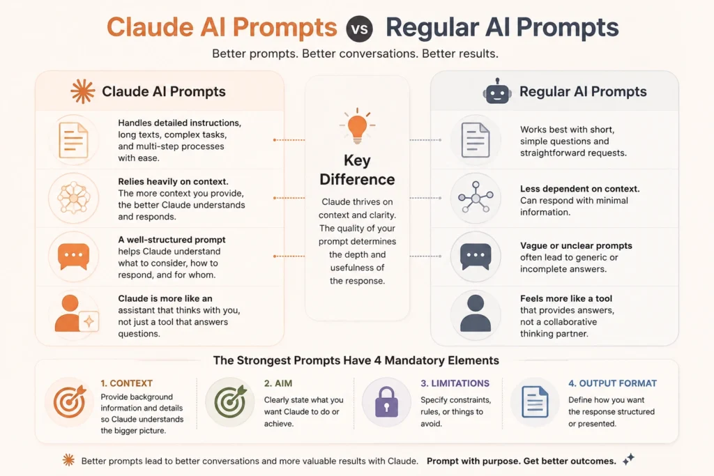 Infographic comparing Claude AI prompts with regular AI prompts and highlighting four key elements of effective prompting.