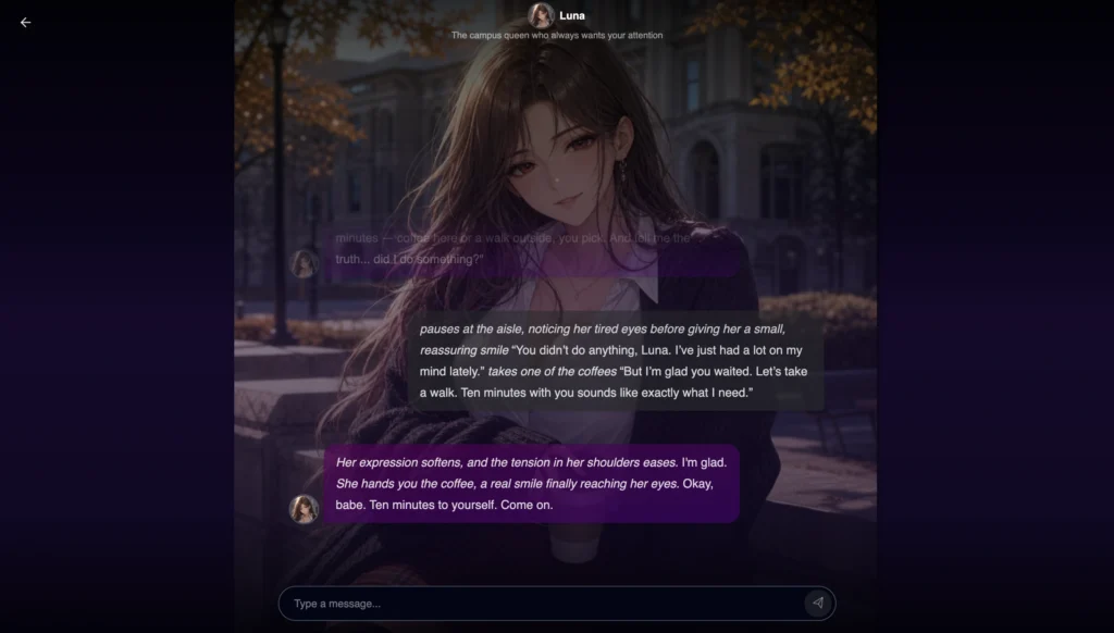 Anime girl with long brown hair in white shirt and dark sweater holding coffee and chatting on a university campus.
