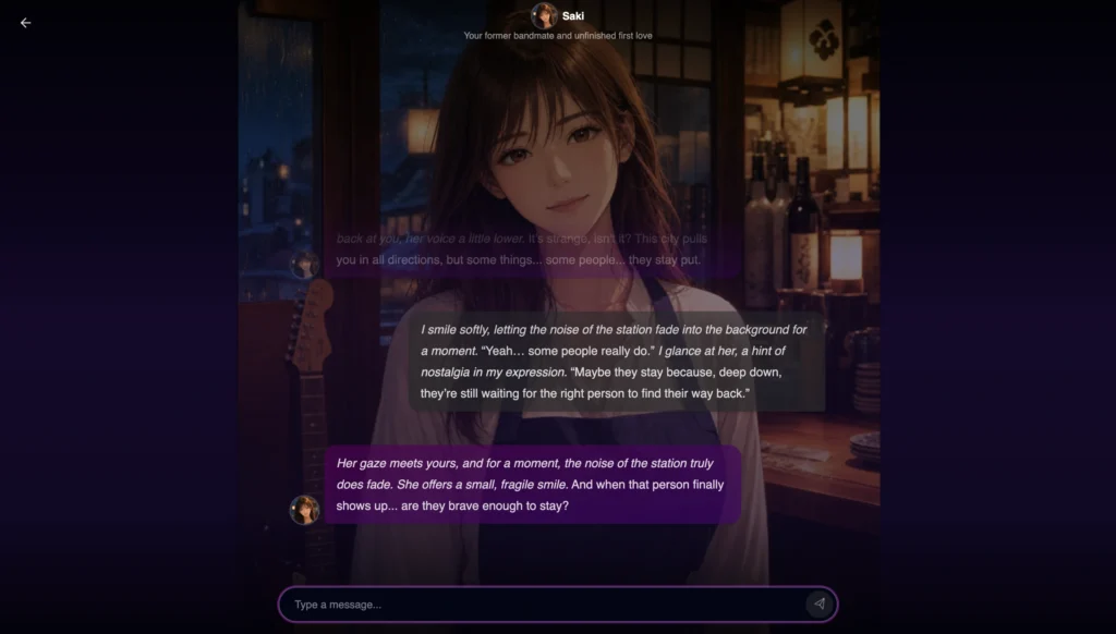 Anime girl with long brown hair in white shirt and blue apron chatting in a warm cafe with guitar and bottles in background.