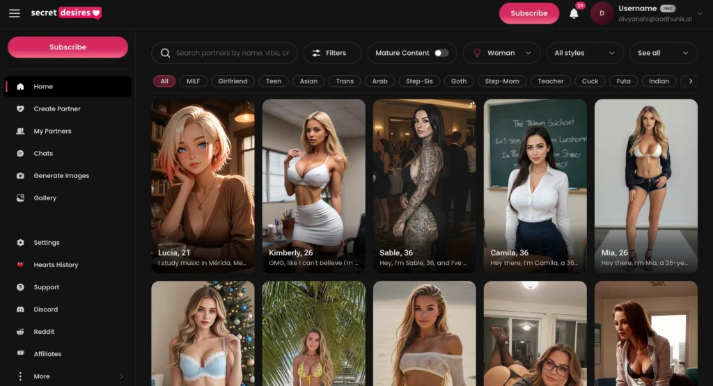 Secret Desires AI companion platform showing a customized AI character with personalized chat features.