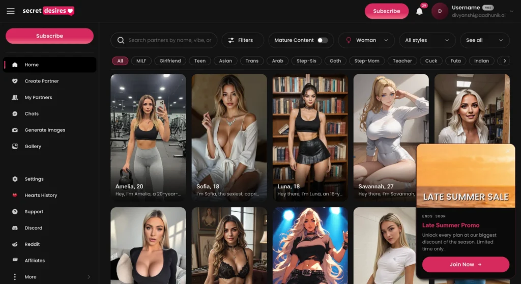 Secret Desires AI companion platform with personalized virtual characters.