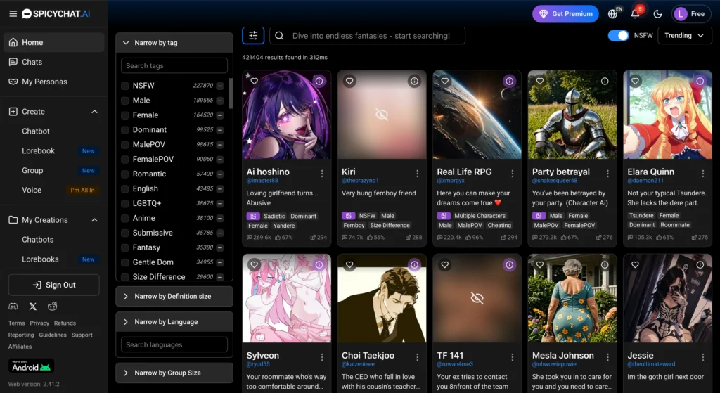 SpicyChat AI companion platform displaying customizable AI characters and interactive chats.